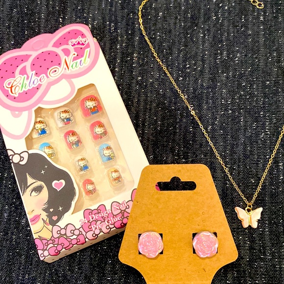🌟5/$15 Girl’s🎁Bundle: Butterfly Necklace, Hello Kitty Nails&Pink Rose Earrings - Picture 1 of 6